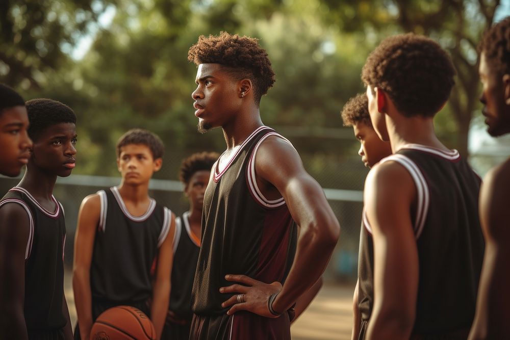 Black students gathering before basketball game sports determination togetherness. AI generated Image by rawpixel.