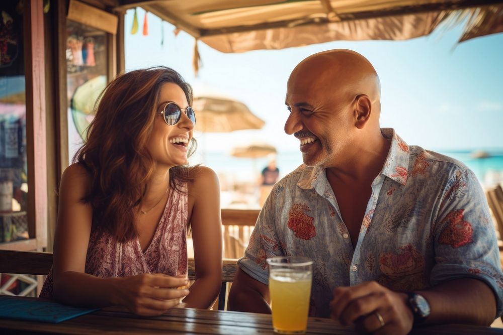 Hispanic bald middle age man and hispanic middle age woman summer adult bar. AI generated Image by rawpixel.