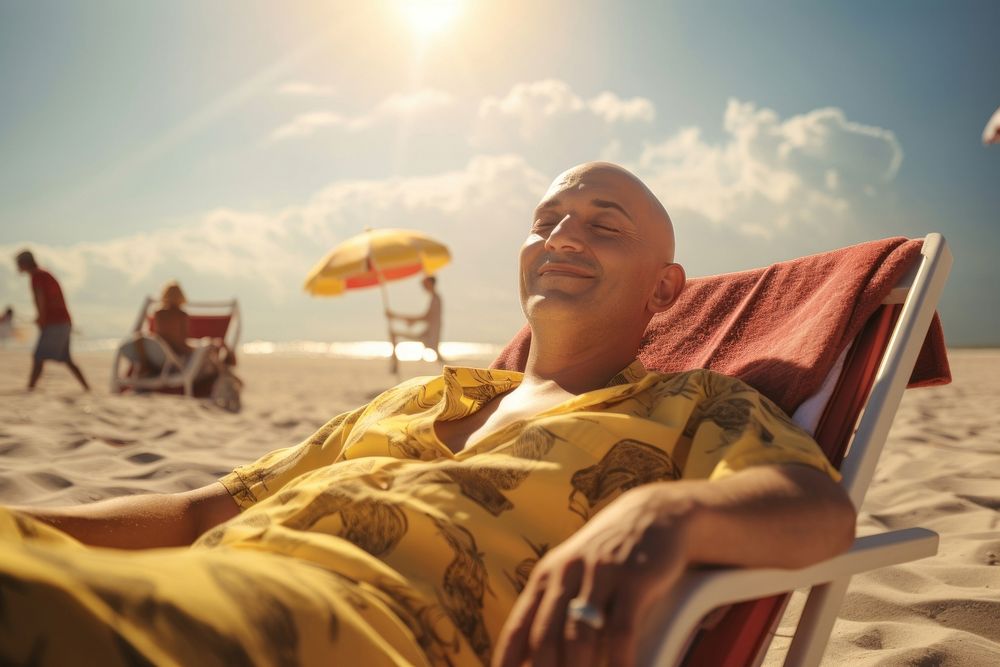Hispanic bald middle man sunbathing summer beach. AI generated Image by rawpixel.