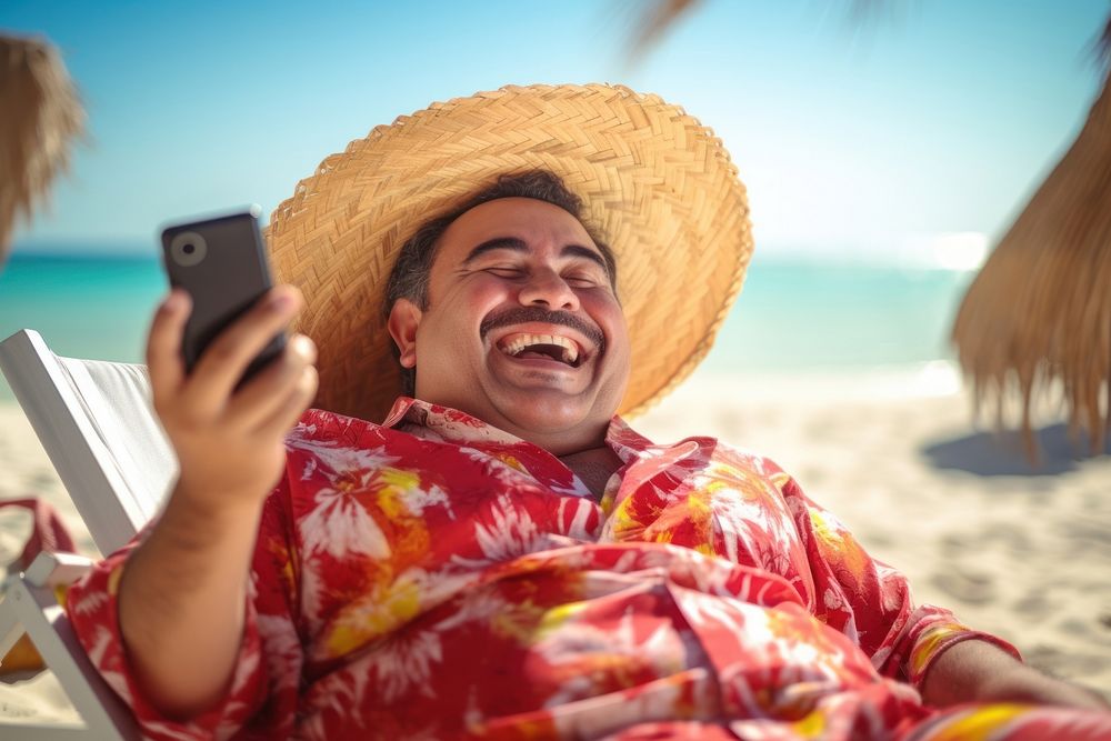 Hispanic mexican middle age man laughing summer beach. AI generated Image by rawpixel.