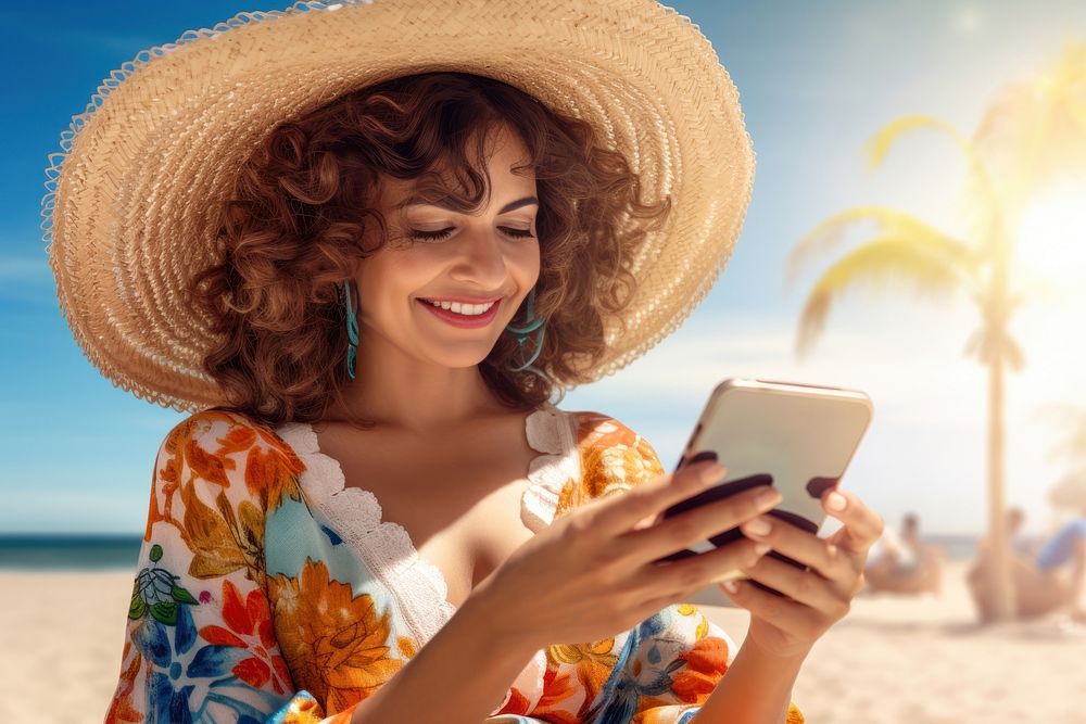 Hispanic mexican middle age woman summer selfie beach. AI generated Image by rawpixel.