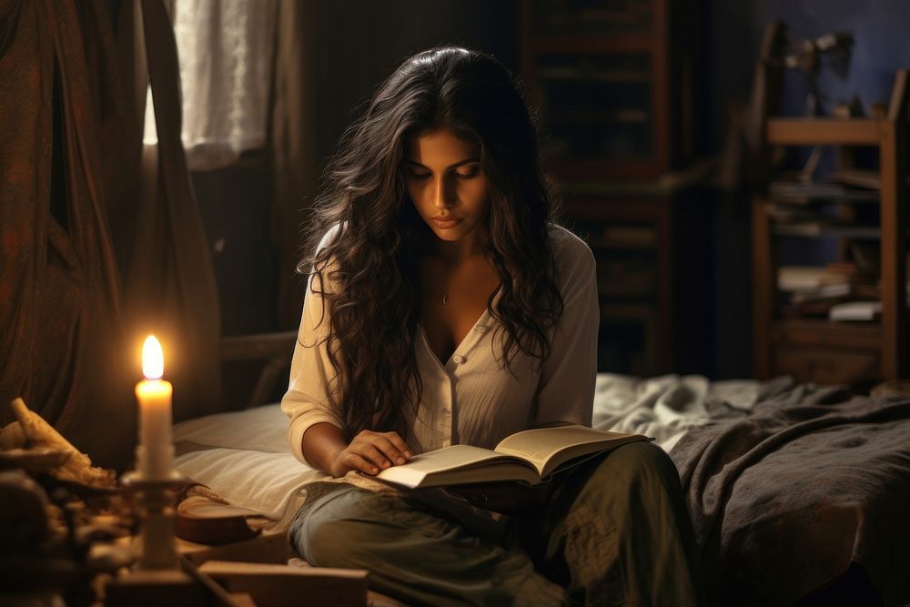 Indian young woman reading book publication. AI generated Image by rawpixel.