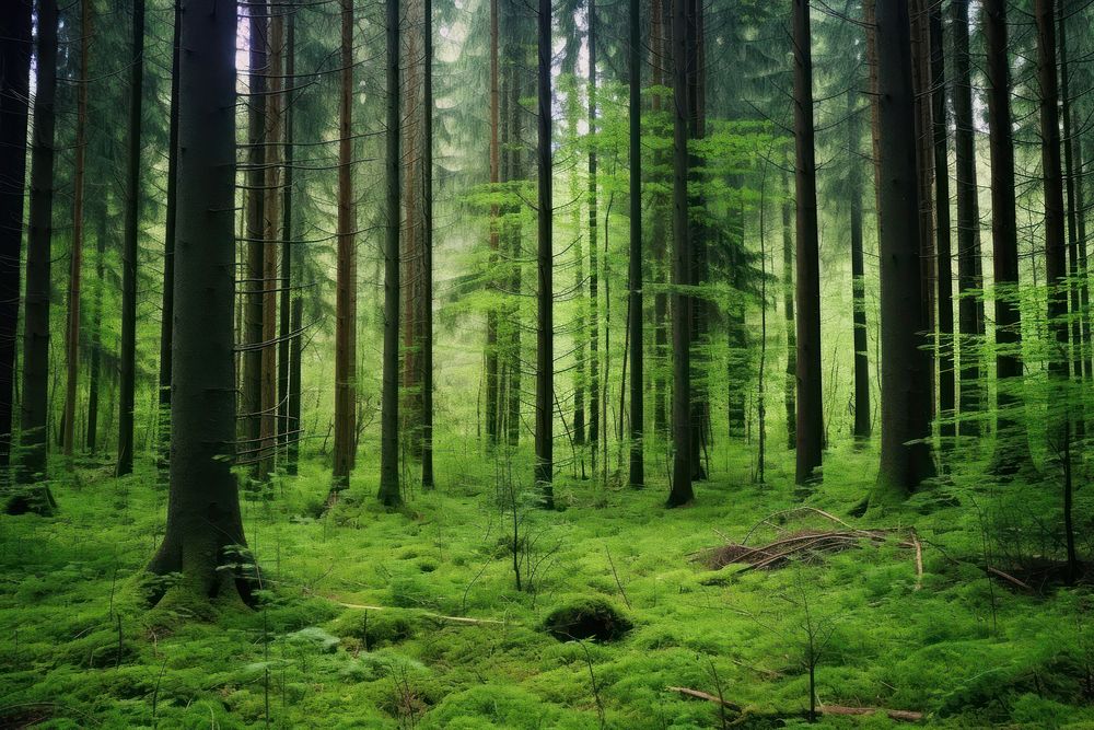 Forest with tall green trees nature vegetation wilderness. AI generated Image by rawpixel.