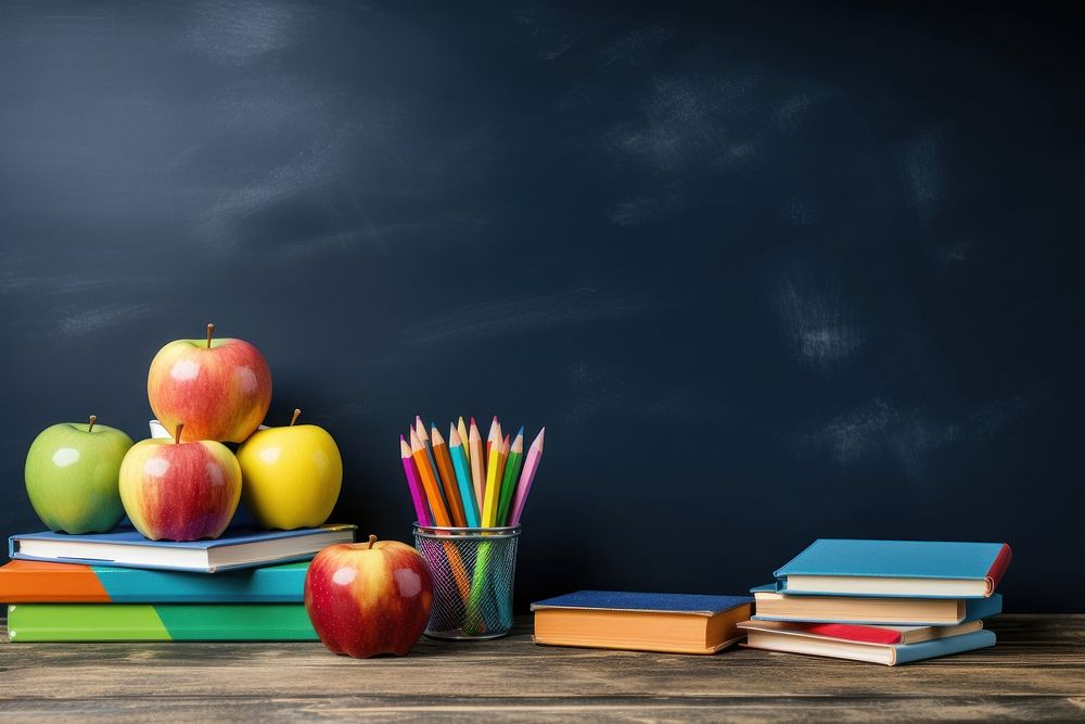 School stationery arrangement on a table chalk board apple. AI generated Image by rawpixel.