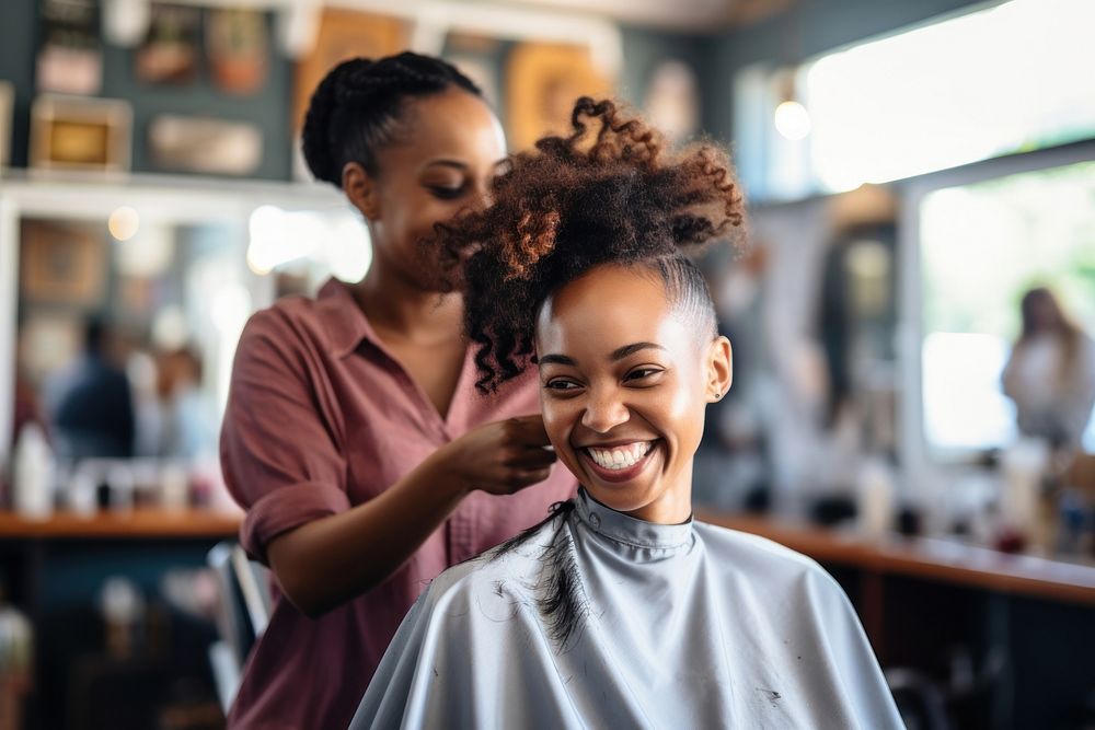 Woman barber and black woman curly hair customer barbershop adult togetherness. AI generated Image by rawpixel.