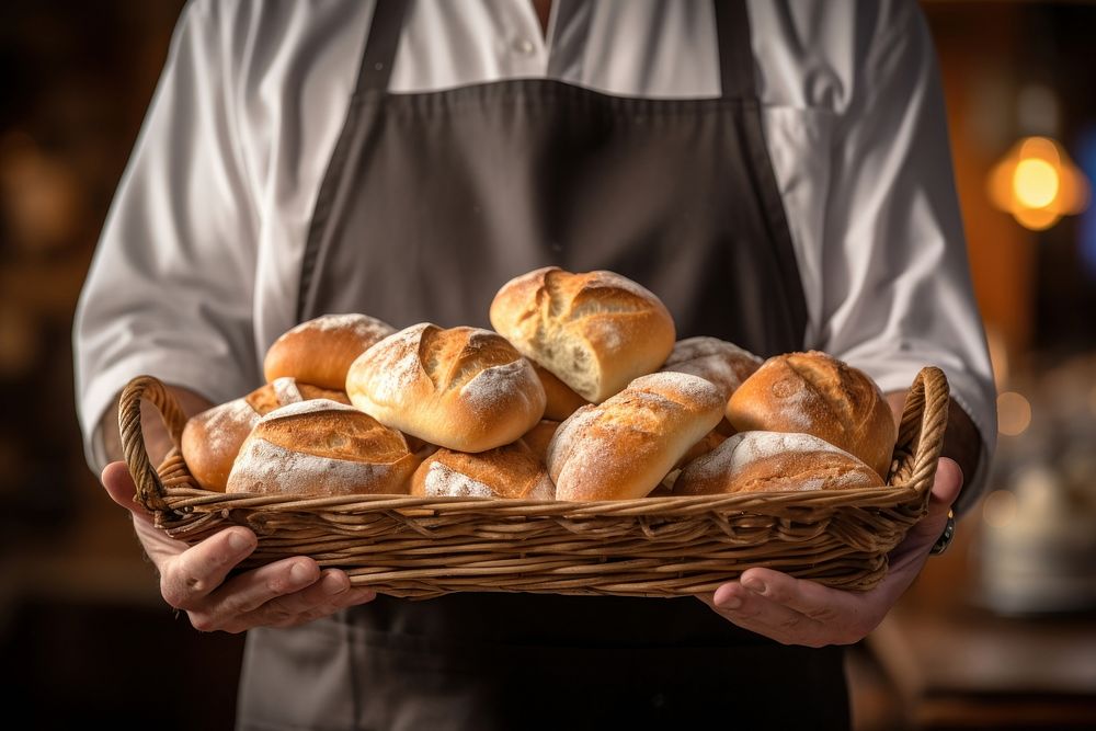 Bakery owner holding tray of bread adult food viennoiserie. AI generated Image by rawpixel.