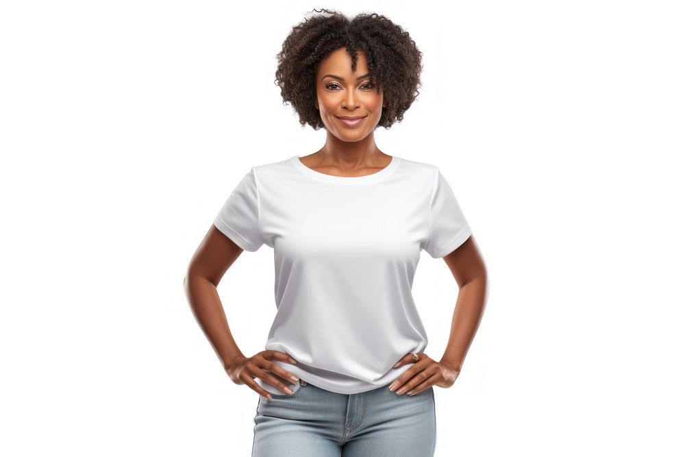 African american middle age woman standing t-shirt sleeve pocket. AI generated Image by rawpixel.