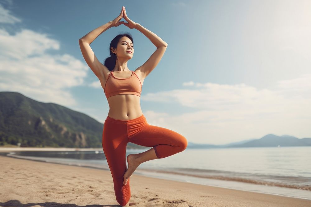 Athletic woman stretching sports beach adult. AI generated Image by rawpixel.