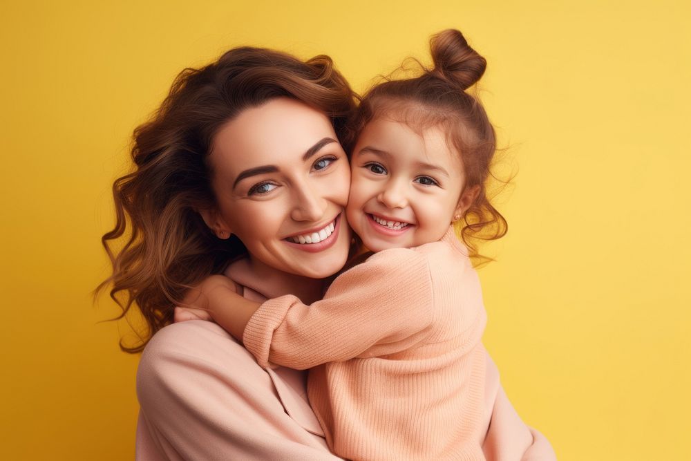 Cheerful lovely daugther and mother hugging laughing portrait family. AI generated Image by rawpixel.