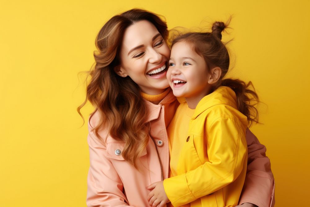 Cheerful lovely daugther and mother hugging laughing family child. AI generated Image by rawpixel.