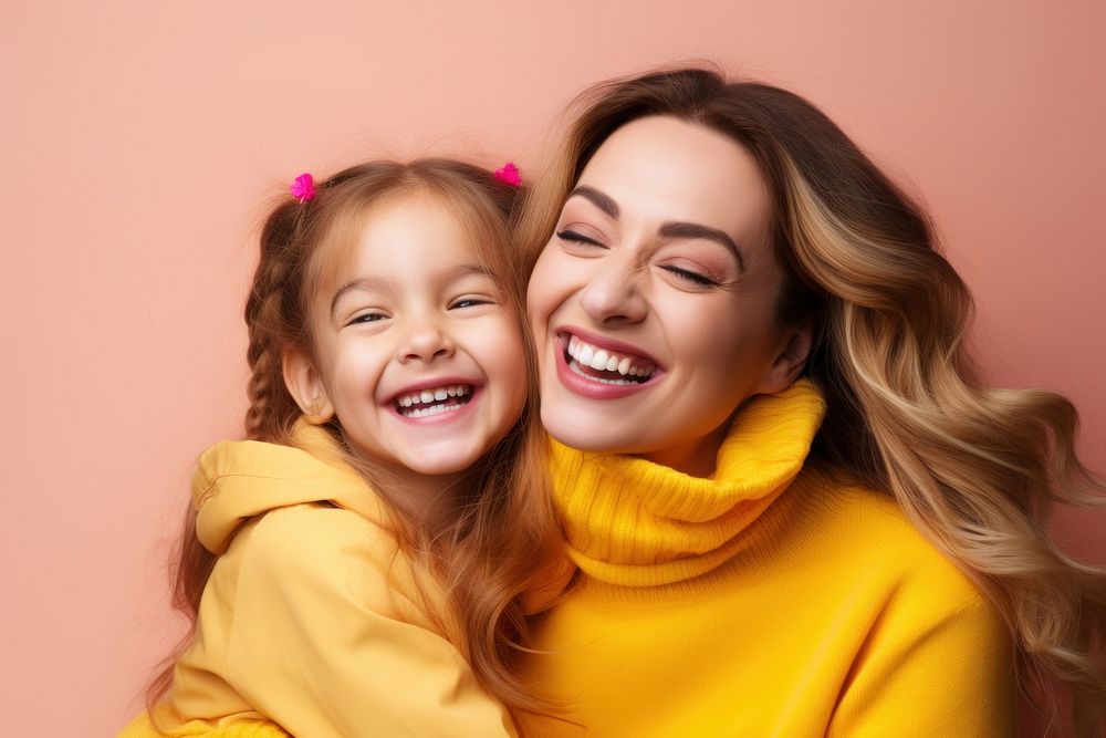 Cheerful lovely daughter and mother hugging laughing family child. AI generated Image by rawpixel.