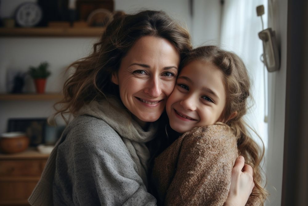 Cheerful lovely daughter and mother hugging portrait family smile. AI generated Image by rawpixel.