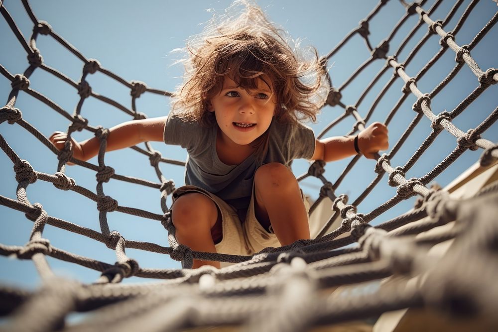 A child climbs up an alpine grid playground outdoors summer. AI generated Image by rawpixel.