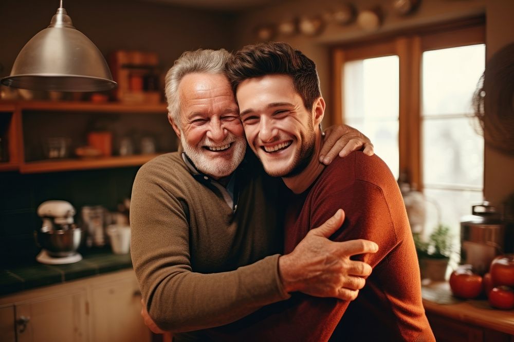 Adult son fun hugging old senior father adult portrait photo. AI generated Image by rawpixel.