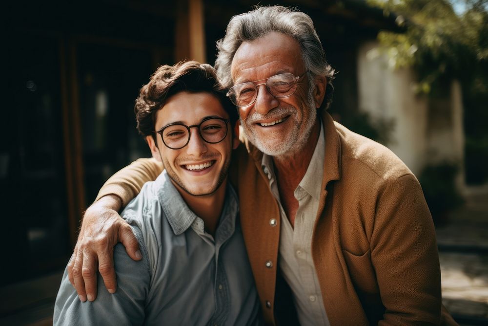 Adult son fun hugging old senior father adult glasses smile. AI generated Image by rawpixel.
