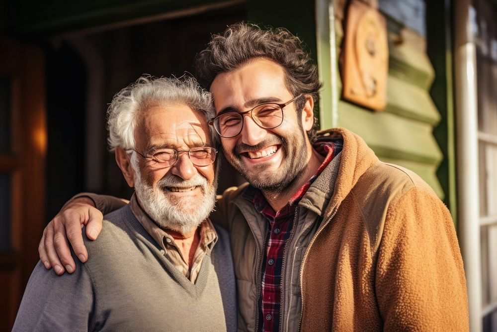 Adult son fun hugging old senior father adult glasses smile. AI generated Image by rawpixel.