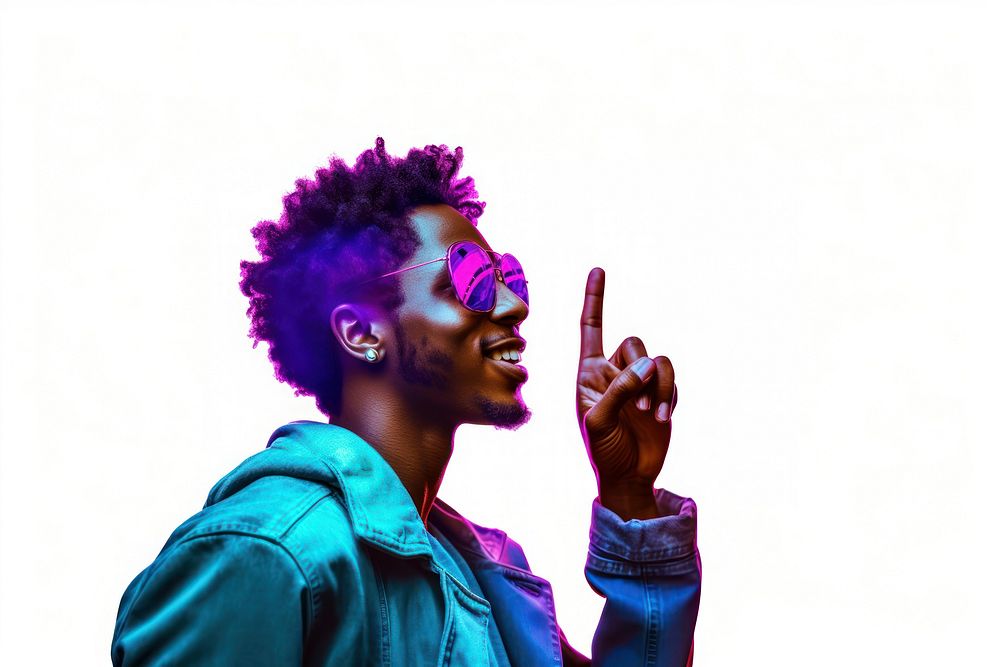 African american man enjoy music while finger pointing to sky purple portrait adult. AI generated Image by rawpixel.