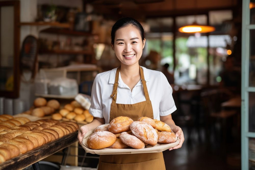 Bakery owner holding tray of bread adult food entrepreneur. AI generated Image by rawpixel.