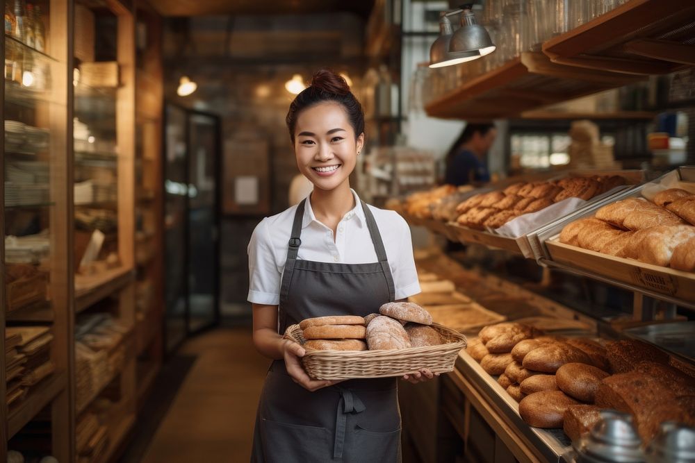 Bakery owner holding tray of bread food shop entrepreneur. AI generated Image by rawpixel.