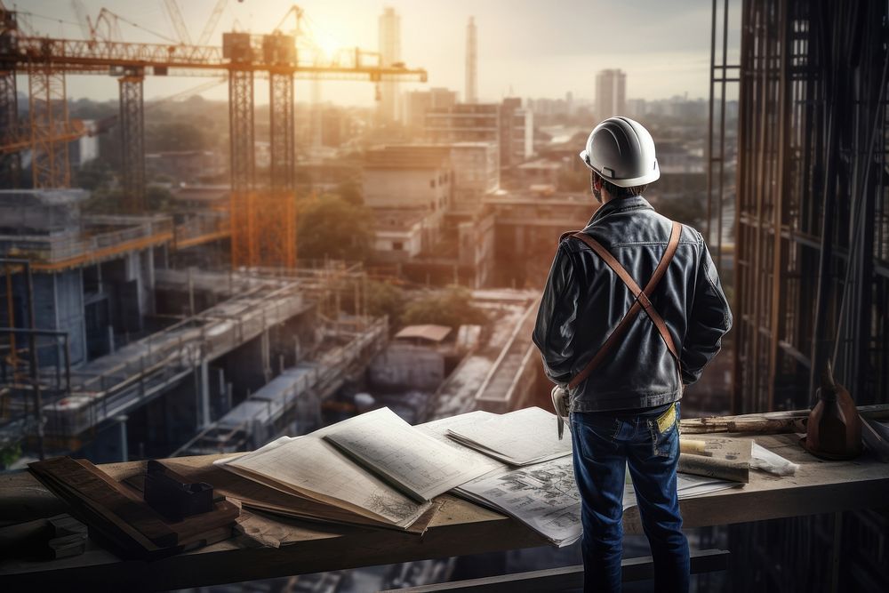 Engineer man examining at constuction site construction hardhat helmet. 