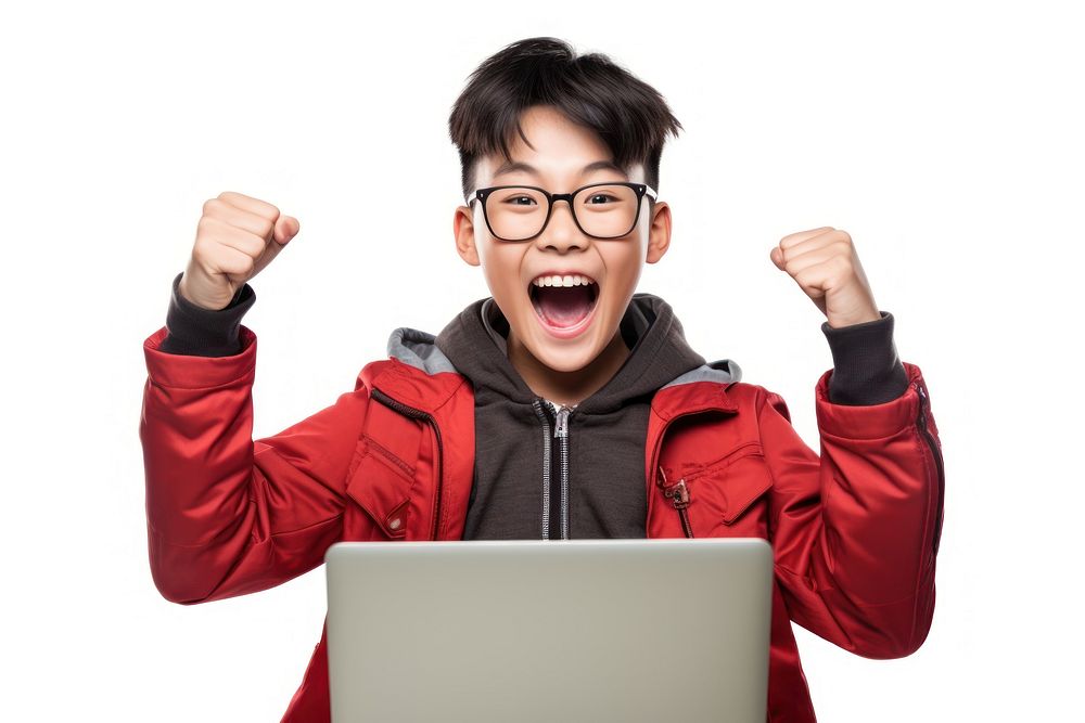 Excited young asian girl with laptop shouting computer adult. AI generated Image by rawpixel.