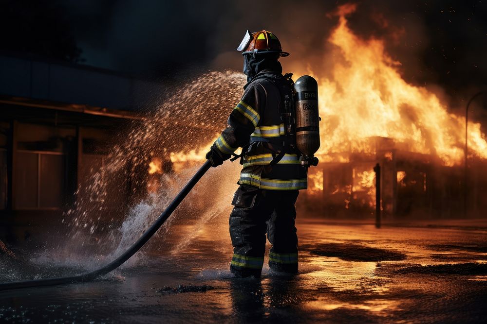 Firefighter watering the flame emergency extinguishing architecture. AI generated Image by rawpixel.