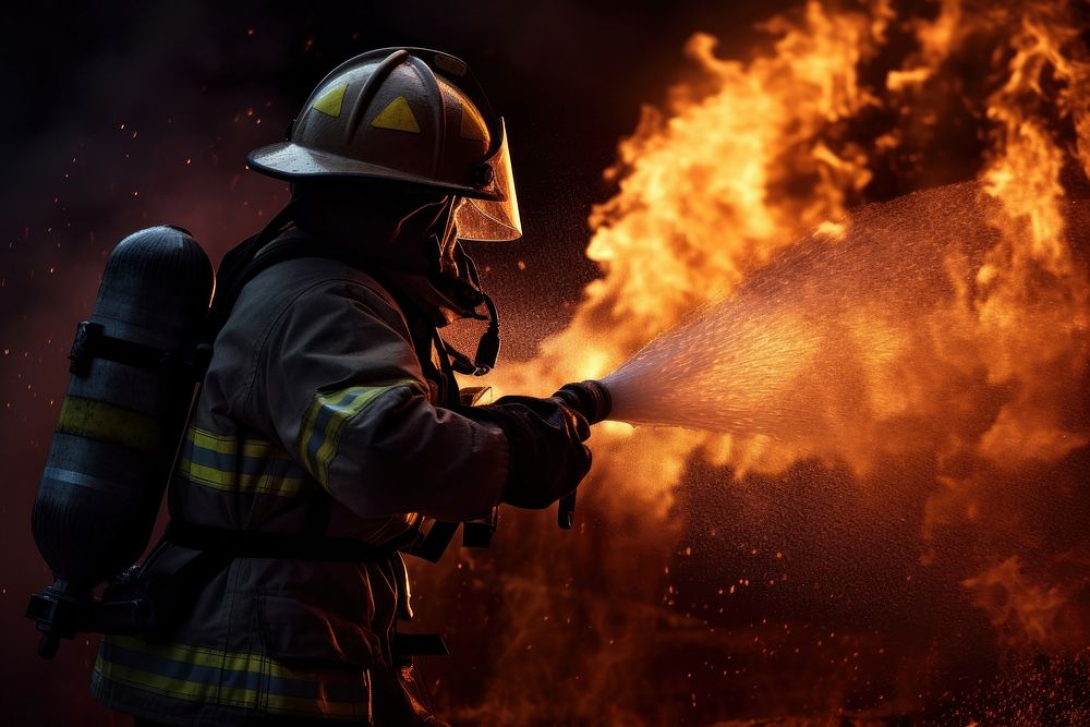Firefighter watering the flame helmet adult extinguishing. AI generated Image by rawpixel.