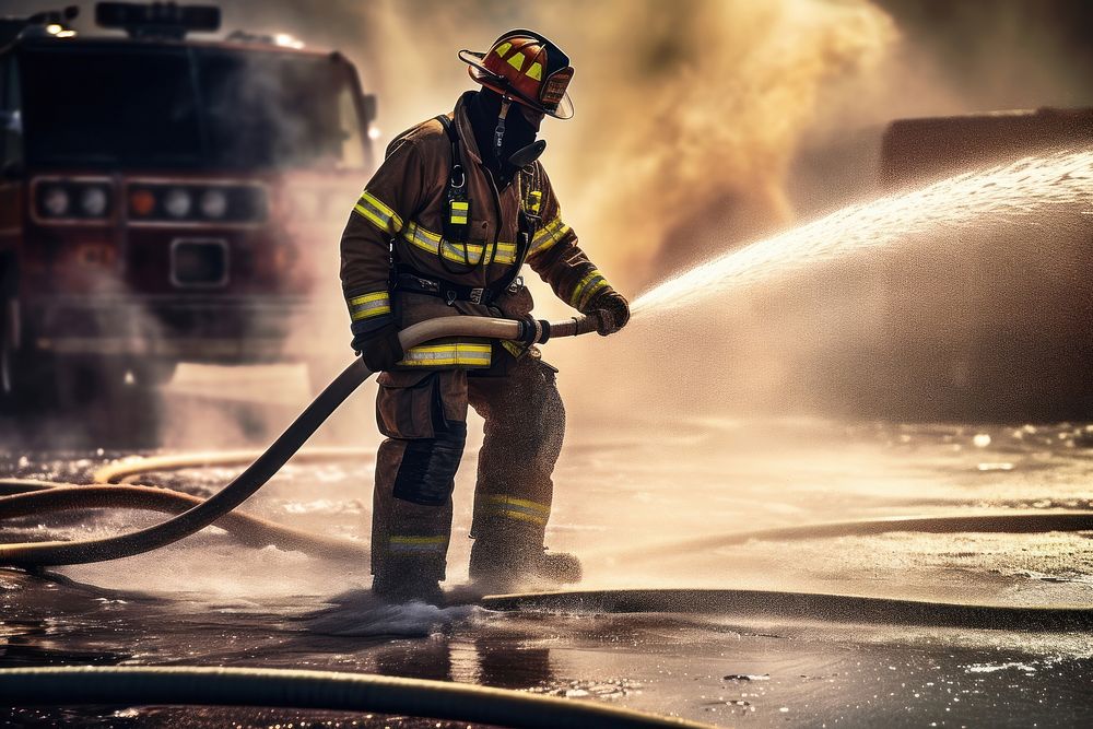 Firefighter using big water hose emergency extinguishing protection. AI generated Image by rawpixel.