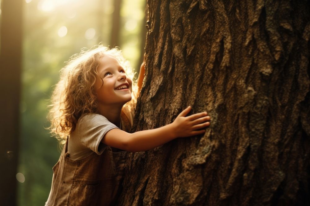 Happy child hugging big tree forest happiness innocence. AI generated Image by rawpixel.
