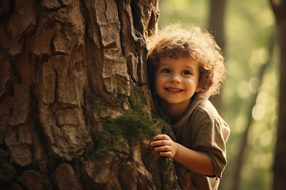 Happy child hugging big tree forest baby innocence. AI generated Image by rawpixel.