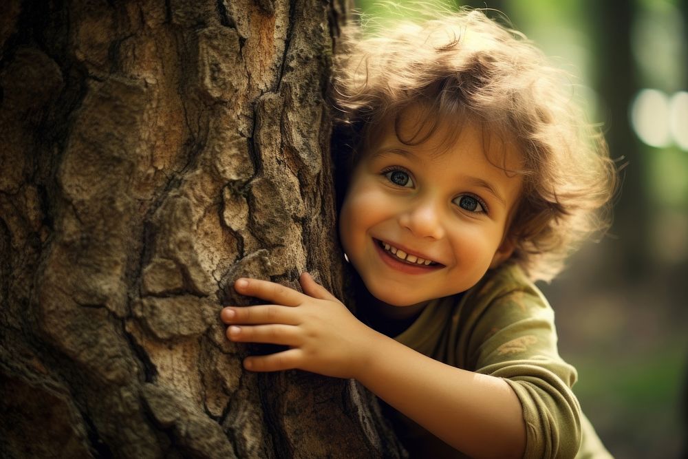 Happy child hugging big tree portrait forest smile. AI generated Image by rawpixel.