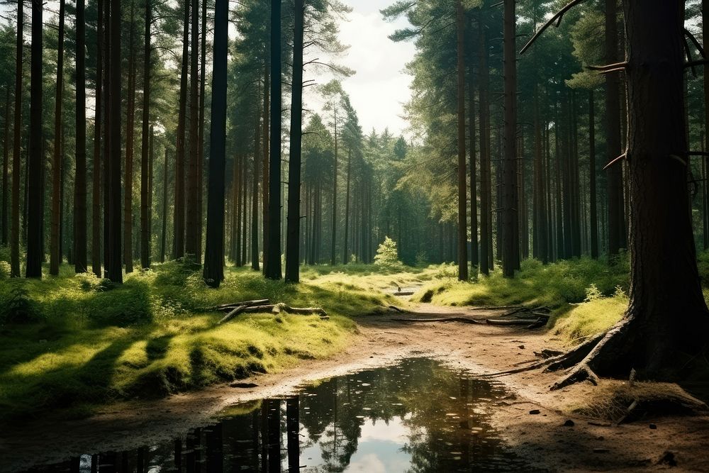 Landscape of pine forest wilderness sunlight outdoors. AI generated Image by rawpixel.