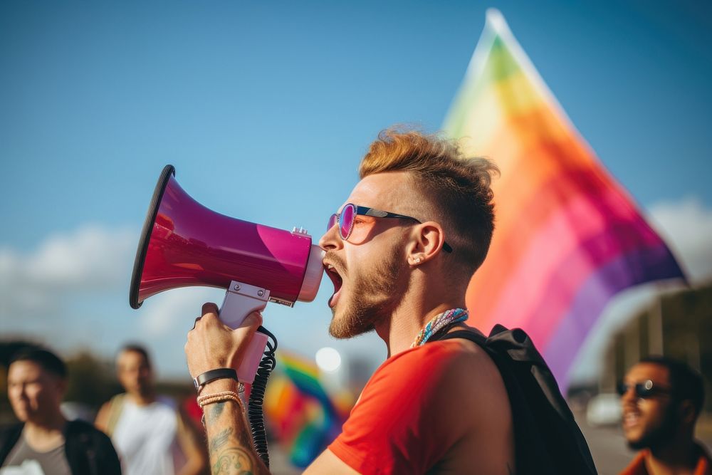Lgbtq using megaphone glasses parade adult. AI generated Image by rawpixel.