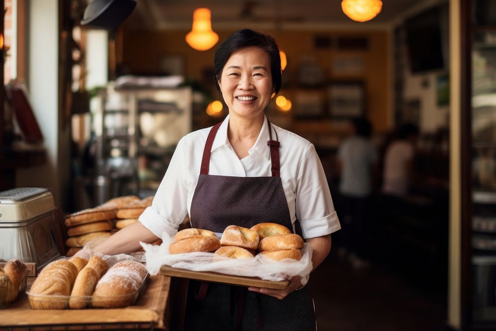 Asian bakery owner holding tray of bread adult food list. AI generated Image by rawpixel.