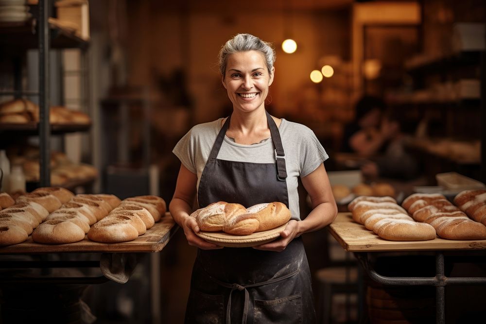 Bakery owner holding tray of bread adult food shop. AI generated Image by rawpixel.