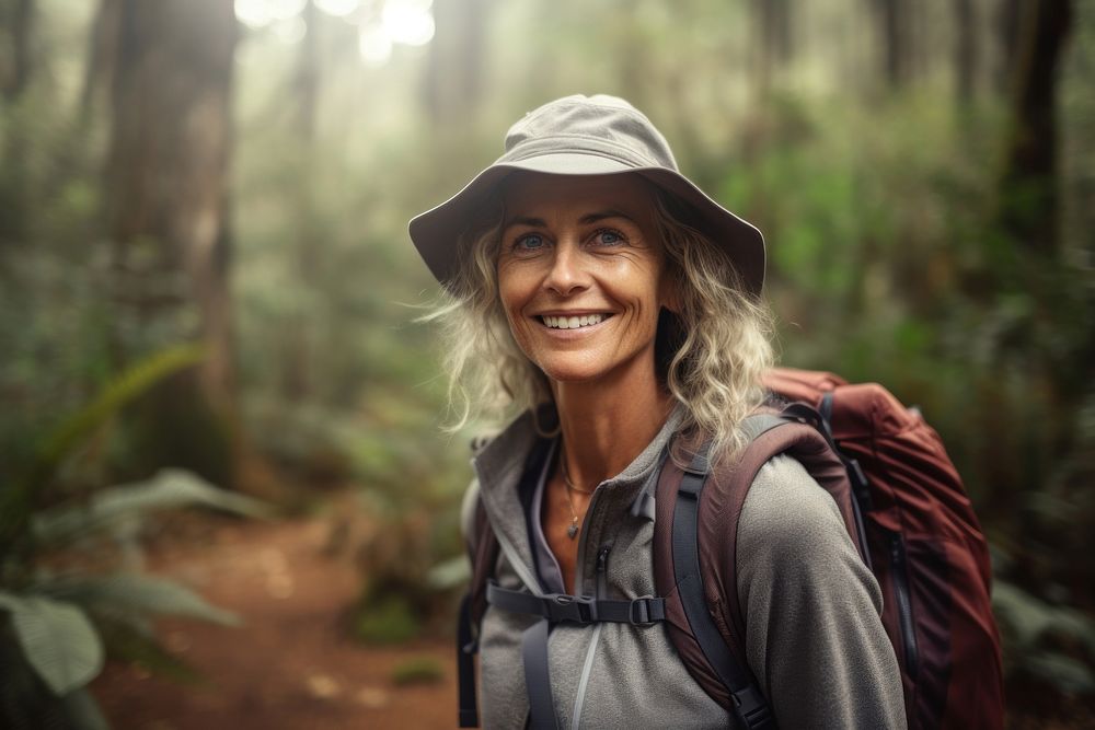 Mature woman on adventure trail in forest recreation backpack outdoors. AI generated Image by rawpixel.