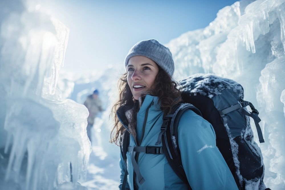 Mature woman on adventure trail in ice backpack outdoors nature. AI generated Image by rawpixel.