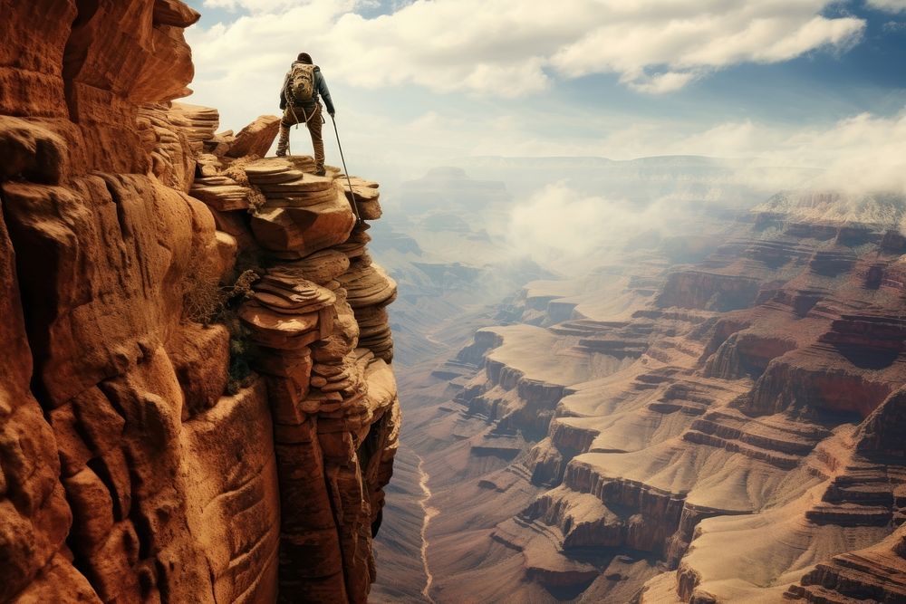 Man climbing grand canyon mountain landscape adventure outdoors. AI generated Image by rawpixel.