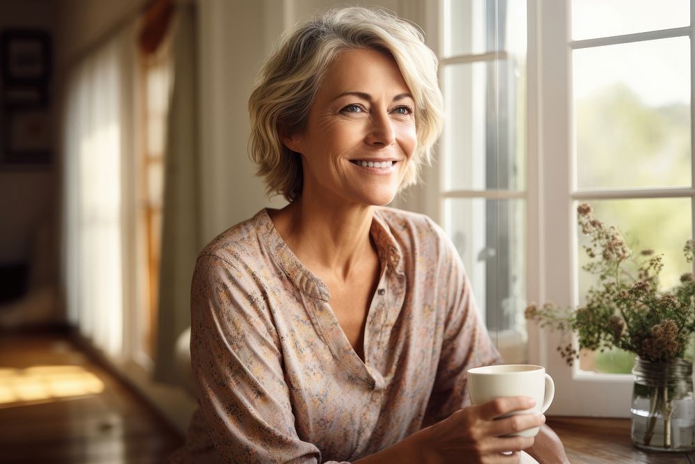 Middle age woman enjoy coffee smile contemplation refreshment. AI generated Image by rawpixel.