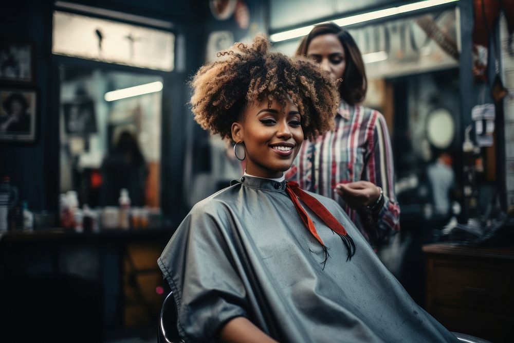 Woman barber and black woman curly hair customer barbershop hairdresser accessories. AI generated Image by rawpixel.