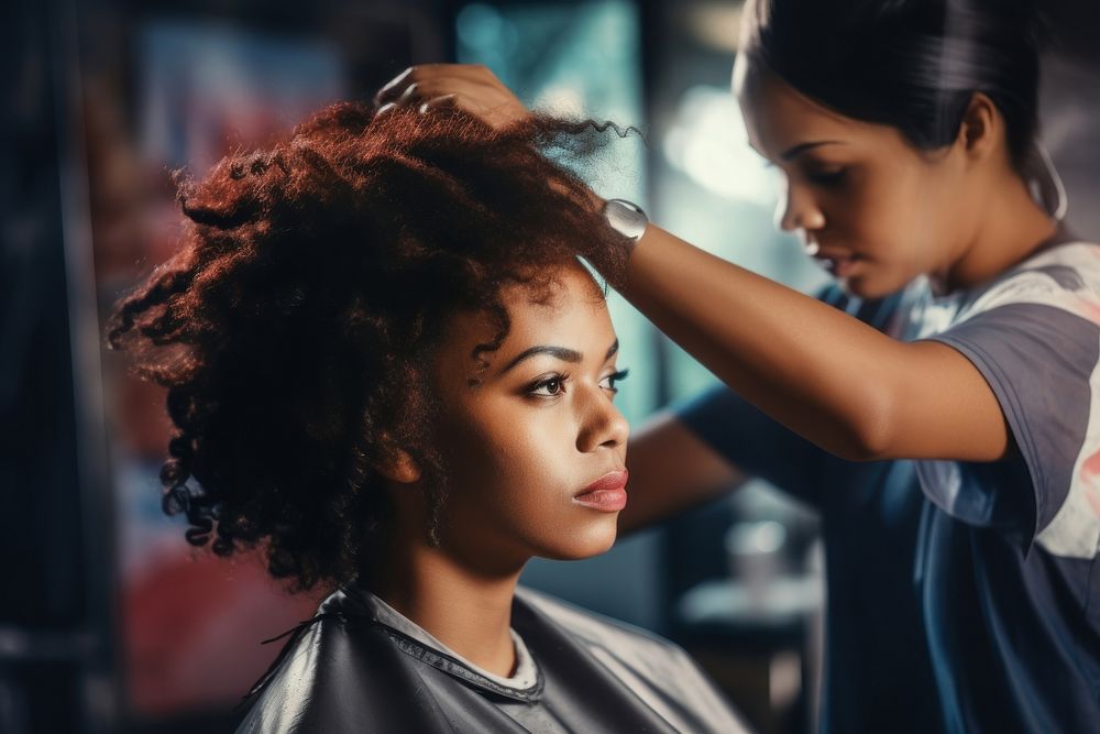 Woman barber and black woman curly hair customer adult togetherness hairdresser. AI generated Image by rawpixel.