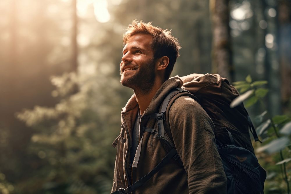 Warm-heart adult man on adventure trail in forest backpack smile photo. AI generated Image by rawpixel.