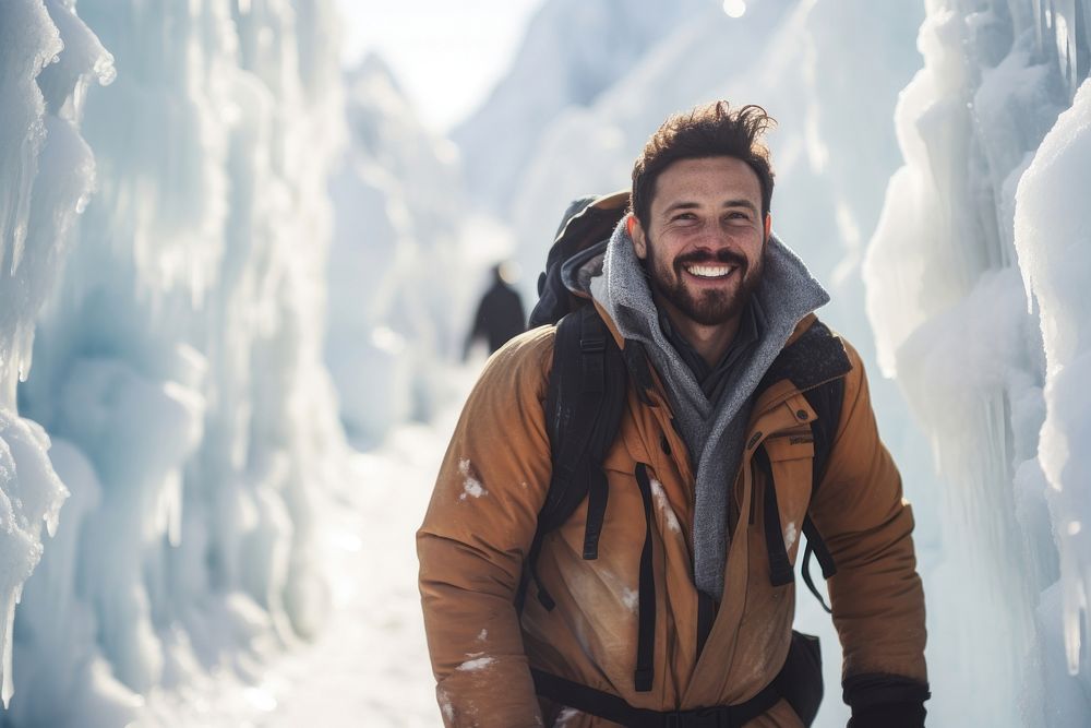 Warm-heart adult man on adventure trail in ice outdoors nature smile. AI generated Image by rawpixel.