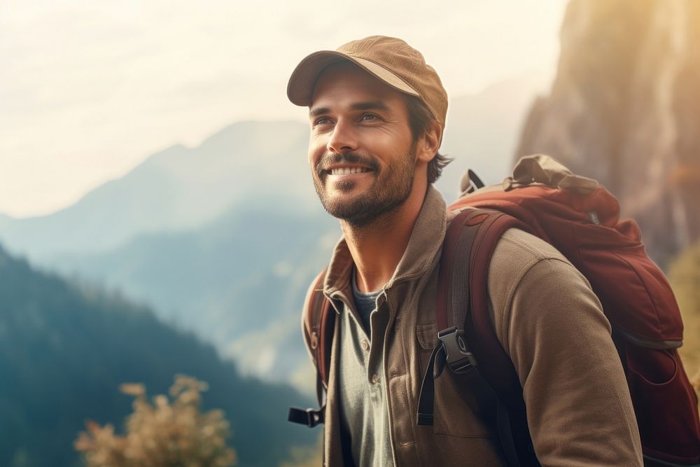 Warm-heart adult man on adventure trail in mountain recreation backpack outdoors. AI generated Image by rawpixel.