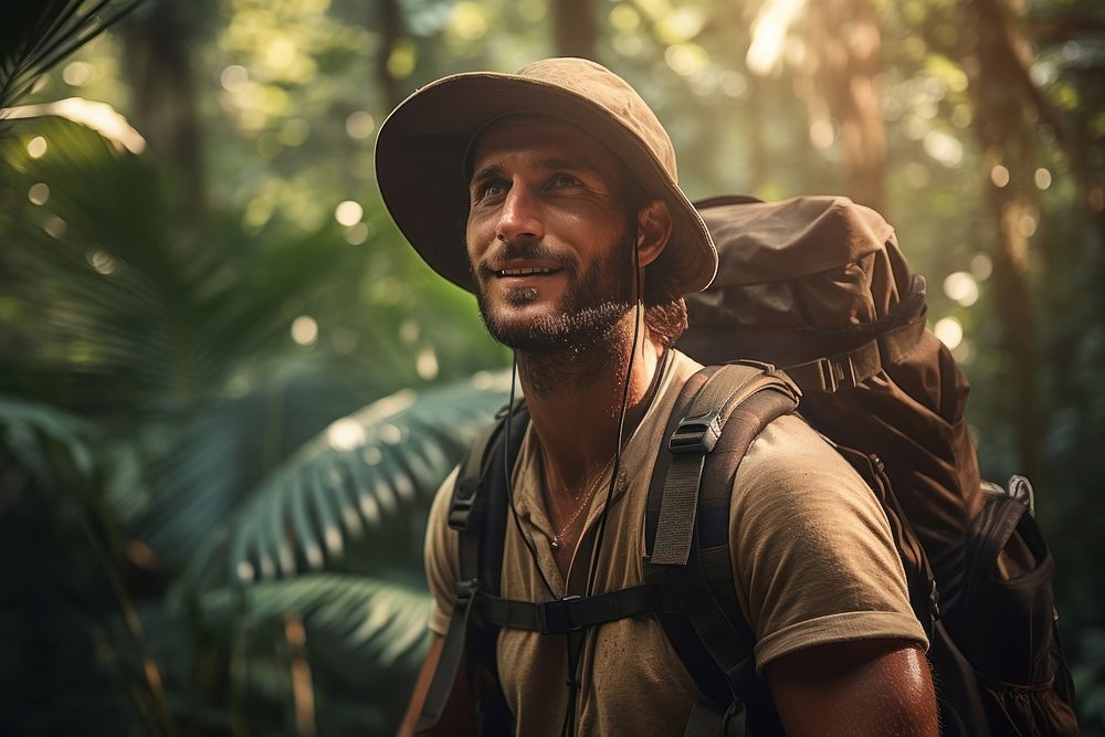Warm-heart adult man on adventure trail in jungle photo backpacking accessories. AI generated Image by rawpixel.
