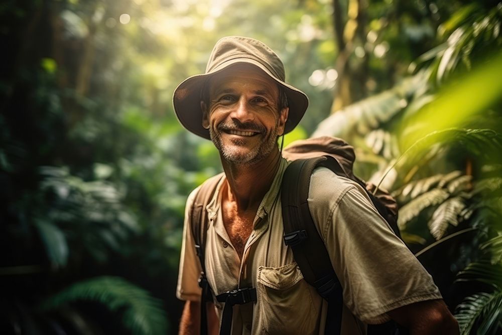 Warm-heart mature man on adventure trail in jungle outdoors nature adult. AI generated Image by rawpixel.