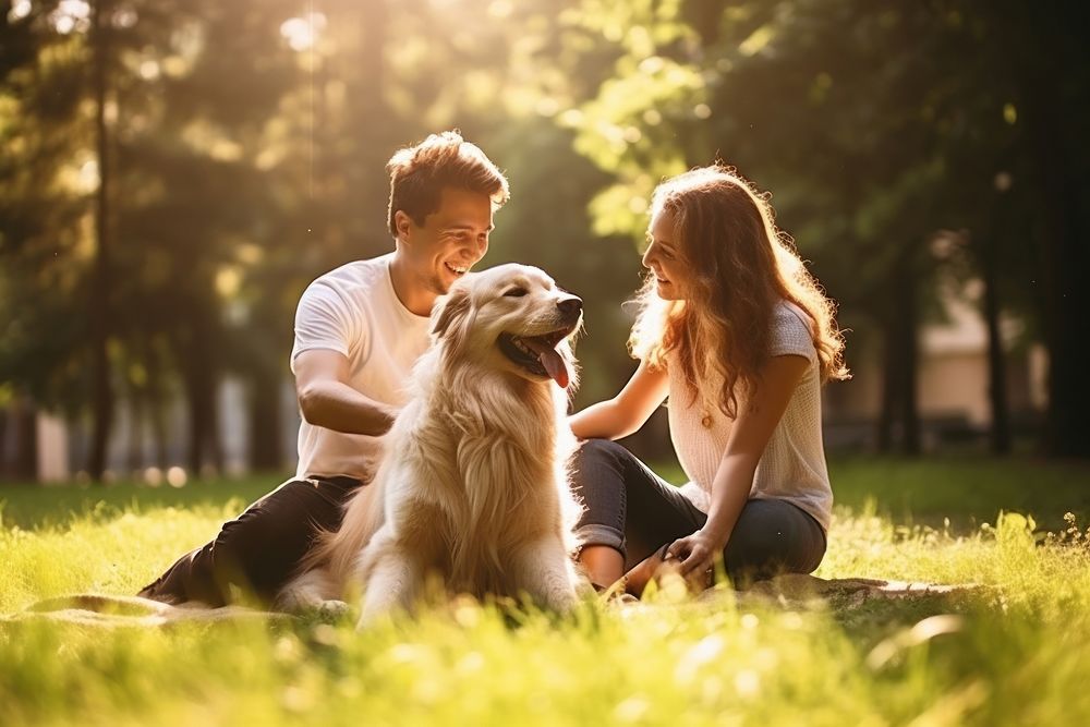 Young couple playing with dog mammal animal adult. AI generated Image by rawpixel.