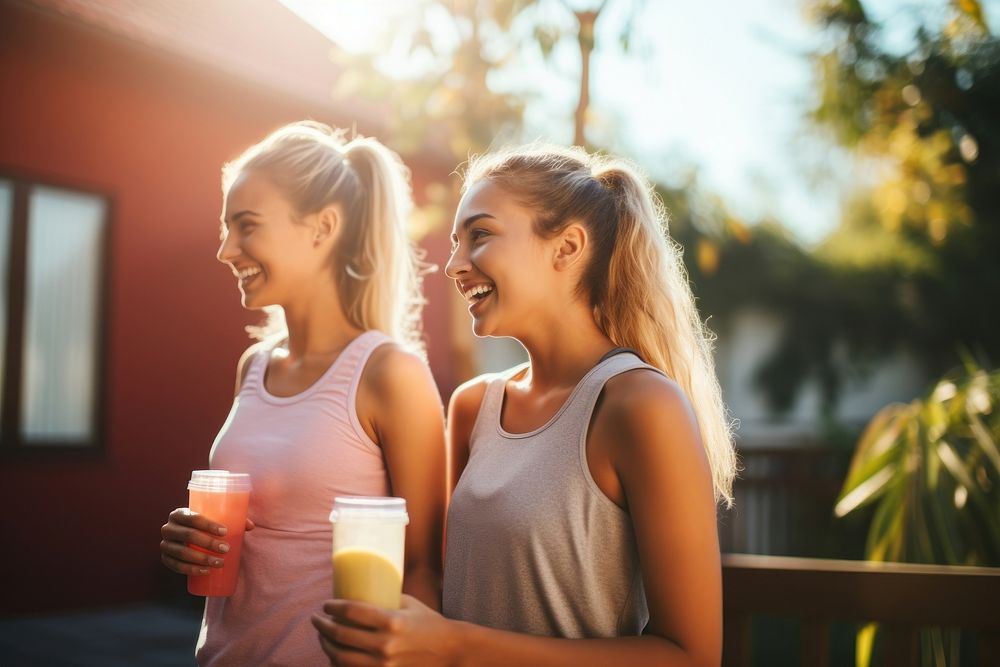 Young female friends in sportswear drinking laughing togetherness. AI generated Image by rawpixel.