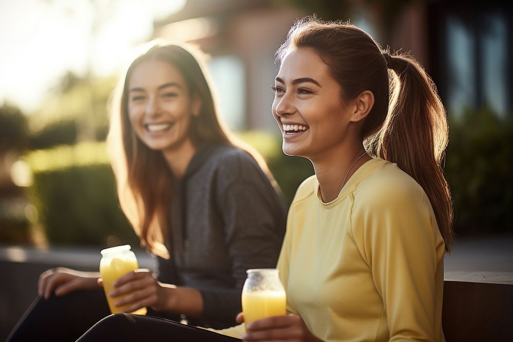 Young female friends in sportswear laughing drinking sitting. AI generated Image by rawpixel.