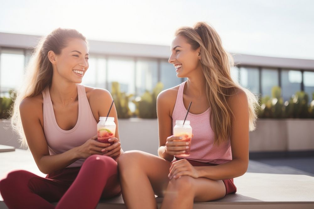 Young female friends in sportswear drinking laughing sitting. AI generated Image by rawpixel.